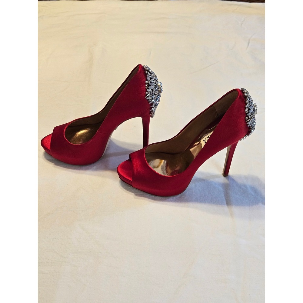 Badgley Mischka Red Satin Peep Toe Heels Embellished Evening Shoes 7M - Picture 2 of 6